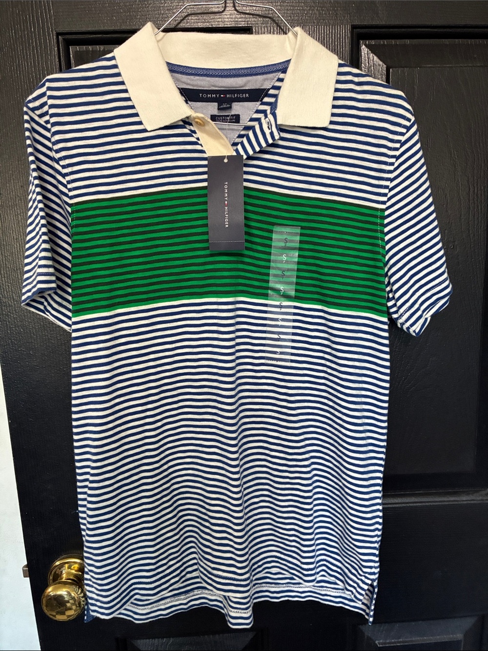 Tommy Hilfiger Men’s Blue & White Striped Polo with Green Chest Band